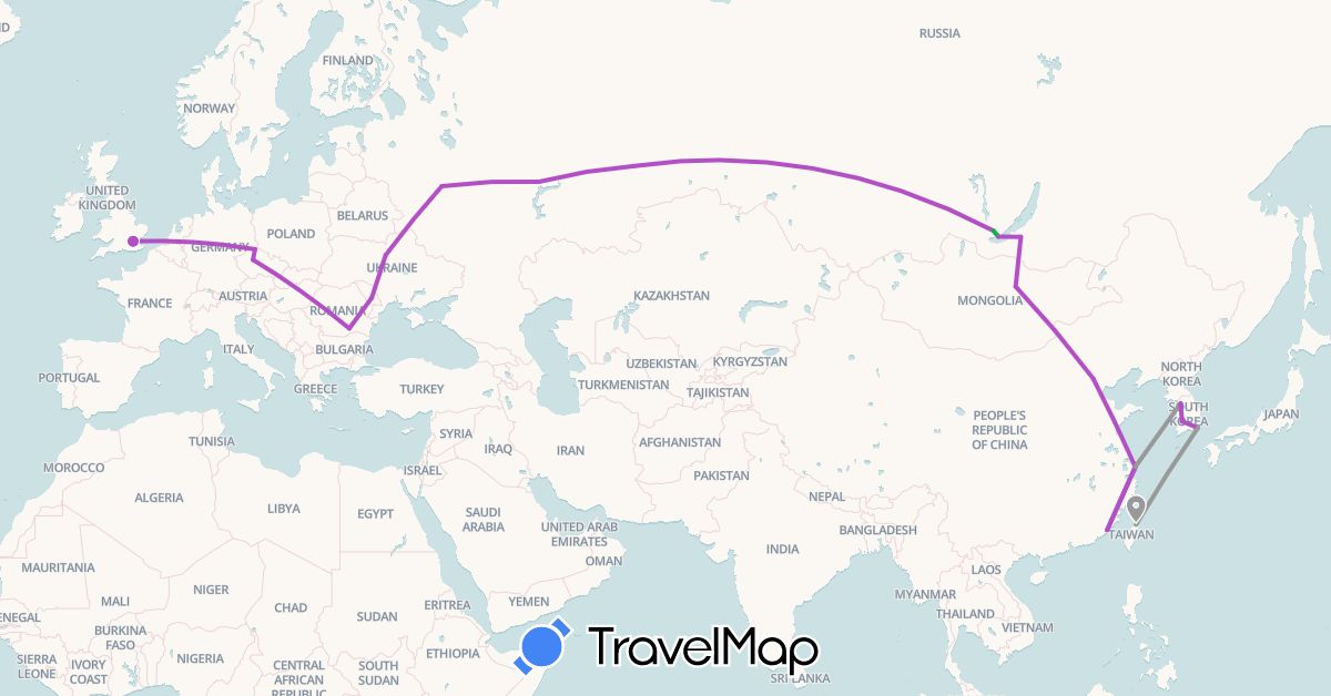 TravelMap itinerary: driving, bus, plane, train in China, Czech Republic, Germany, United Kingdom, South Korea, Moldova, Mongolia, Romania, Russia, Taiwan, Ukraine (Asia, Europe)